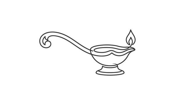 Minimalist line art illustration of a traditional oil lamp with lit wick isolated on transparent background, isolated on white background, Vector Diwali (India, UK heavy buyers) one line art  editable