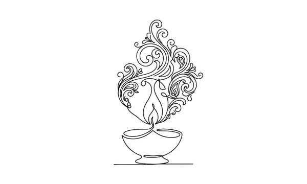 Elegant minimalist oil lamp with intricate flame design on a base isolated on transparent background, isolated on white background, Vector Diwali (India, UK heavy buyers) one line art  editable vector