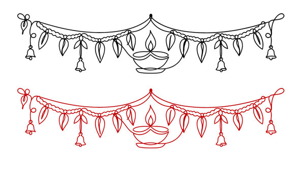 Red decorative tea cup and saucer hanging string garland illustration isolated on transparent background, isolated on white background, Vector Diwali (India, UK heavy buyers) one line art  editable ve