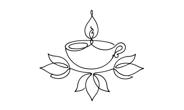 Minimalist tea cup with lit candle and lotus leaves illustration isolated on transparent background, isolated on white background, Vector Diwali (India, UK heavy buyers) one line art  editable vector 