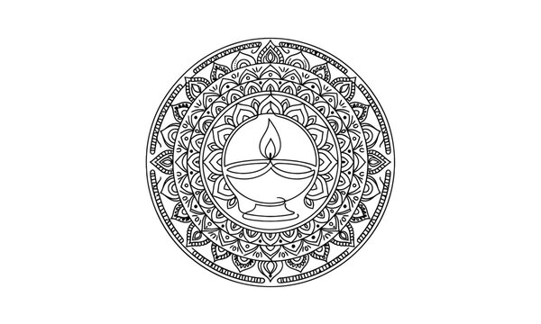 Decorative mandala design with central lotus flower symbol isolated on transparent background, isolated on white background, Vector Diwali (India, UK heavy buyers) one line art  editable vector design