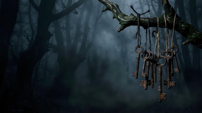 Rusty keys hanging from gnarled branch in misty forest