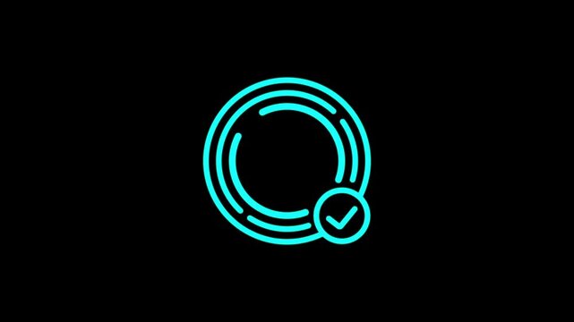 Cyan neon circle search icon transforming into verified checkmark badge animation