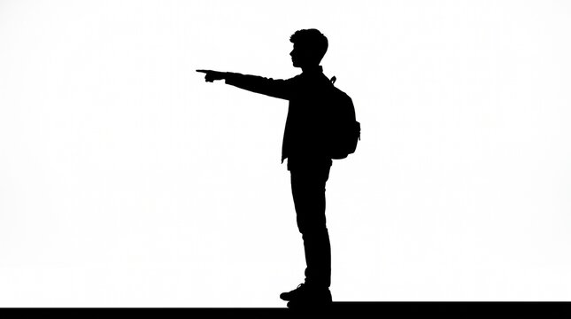 Side profile silhouette of young man with backpack pointing finger isolated on white background, explorer direction 