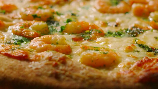 Soft Golden Light over King Prawn Pizza with Mozzarella Cheese and Tomato Base.