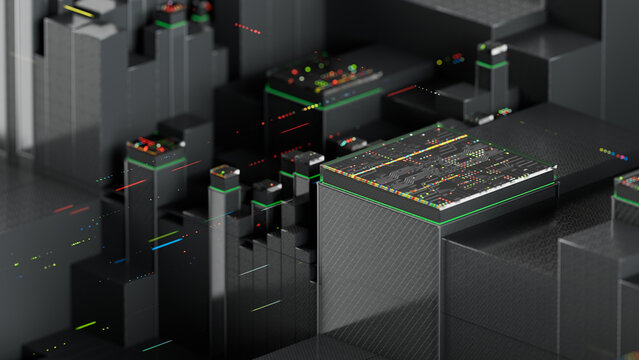 Futuristic data center concept with extruded geometric blocks and green illuminated data streams. 3d rendering illustration not AI