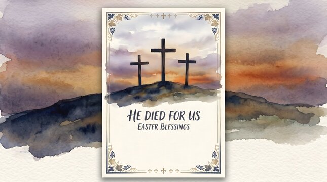 Calvary Crosses, Easter Card, Watercolor minimalistic illustration of Calvary and crosses Christian Easter card -He died for us Church publications