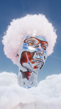 Surreal 3D render of a chrome female figure with cloud hair in a pastel retro-futuristic sky. 3d rendering illustration not AI