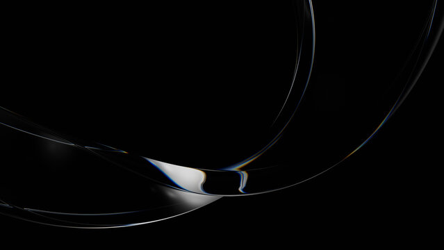 Abstract elegant glass wave with chromatic aberration, transparent twisting ribbon on black background with copy space. 3d rendering illustration not AI
