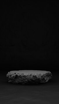 Abstract raw rock vertical pedestal floating in dark empty space for premium product display. 3d rendering illustration not AI