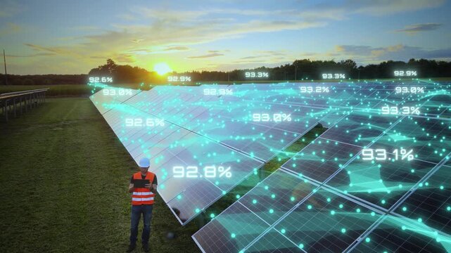 Engineer analyzes solar panel efficiency using real-time digital performance data across a photovoltaic farm