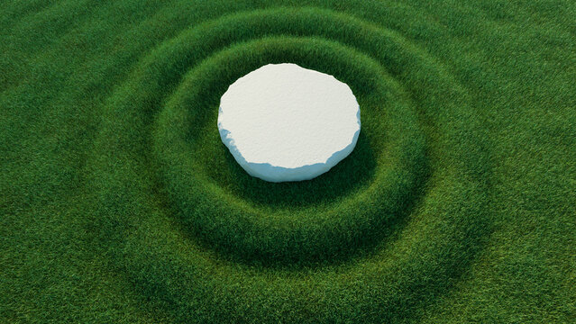 Round stone podium on green grass waves with copy space for product presentation. 3d rendering illustration not AI