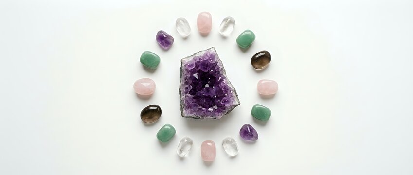 Amethyst geode surrounded by polished gemstones arranged in circle