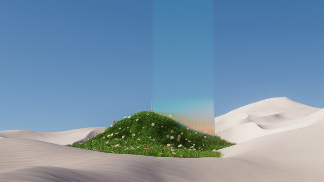 Surreal desert landscape with grass oasis, glass portal, iridescent rainbow reflections, and copy space. 3d rendering illustration not AI