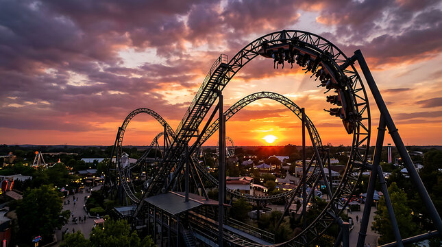 Thrilling roller coaster at sunset with dramatic sky.