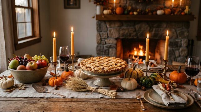 Cozy autumn harvest dinner with pumpkins, candles, and fireplace warmth at wooden table