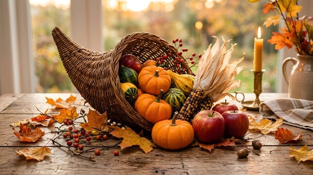 Autumn harvest cornucopia basket overflowing with pumpkins, apples, and gourds on rustic wooden table