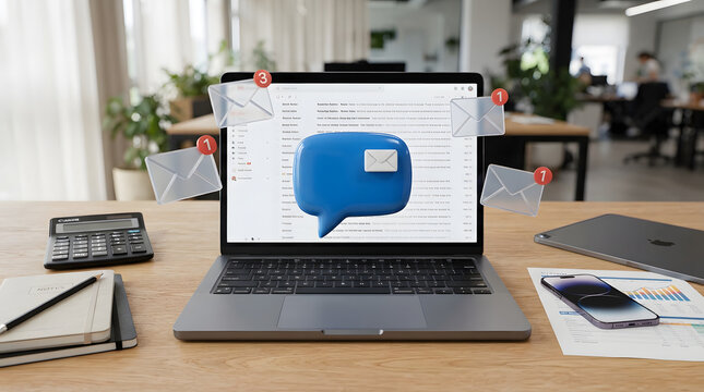 Business laptop on desk with 3D email and message notifications