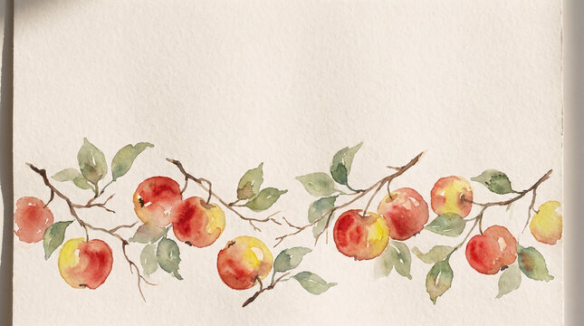 A beautiful watercolor apple art illustration featuring a delicate hand-painted horizontal branch border with red apples and green leaves on paper