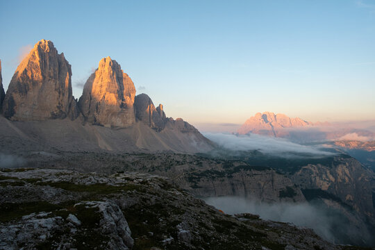 Dolomites mountain landscape at sunset in Italy, beautiful European Alps scenic peak view and travel destination concept