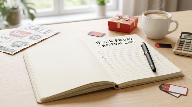 Black Friday shopping list notepad on wooden table with a pen  
