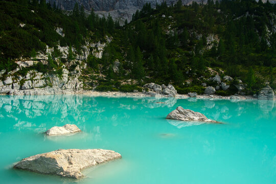 Dolomites mountain landscape under clear azure blue sky at sunset in Italy, scenic European Alps peak view concept