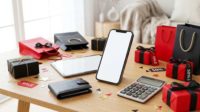 Black Friday social media advertisement with gifts and gadgets on a table  