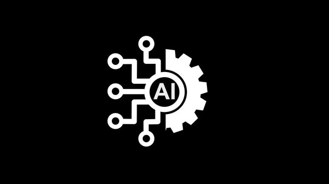 Ai technology icon animation. Animated line half cogwheel with digital data streaming, transparent background 4k video