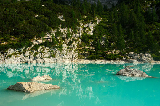 Dolomites mountain landscape under clear azure blue sky at sunset in Italy, scenic European Alps peak view concept