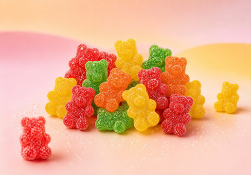 Colorful Gummy Bear Candies on Soft Pastel Pink Background, Assorted Fruity Jelly Sweets