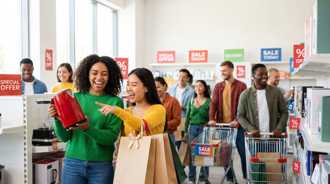 Happy shoppers at crowded store Black Friday deals with sale signs  