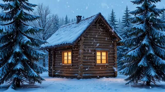 ?Cozy cabin in snowy forest with falling snowflakes and warm light