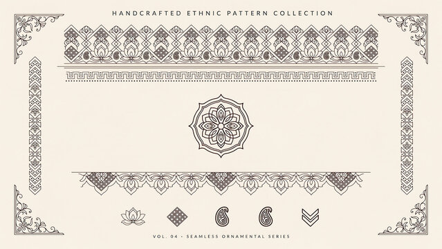Handcrafted ethnic pattern collection with seamless ornamental borders isolated on a transparent background