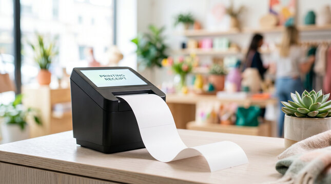 Long blank store receipt printing out of modern black terminal in boutique  