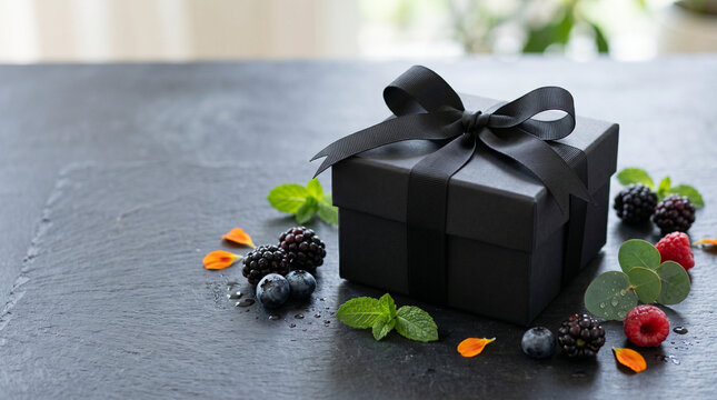 Matte black gift box with black ribbon on dark slate background  