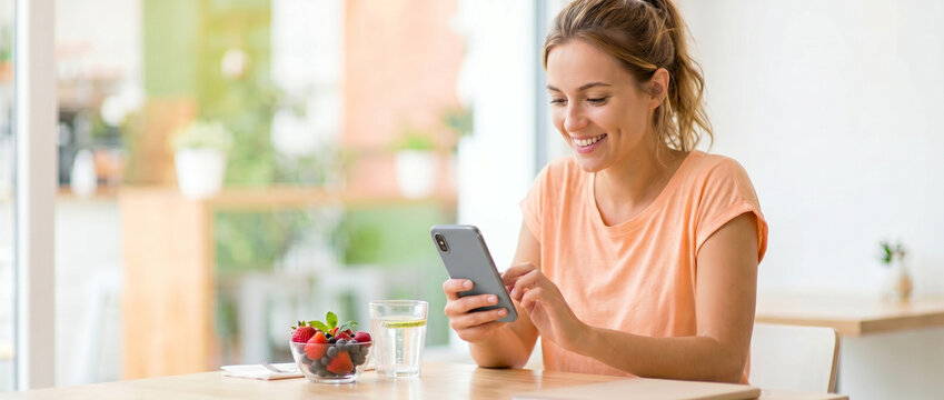 Smiling young woman using a smartphone while sitting at a cafe  