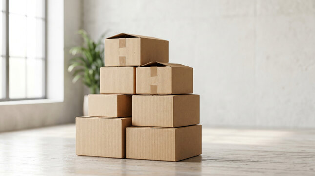 Stack of recycled cardboard delivery boxes in moody lighting  