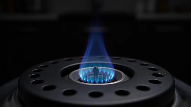 ?Igniting the flame: gas stove burner lighting from sparks to steady blue flame in 4k