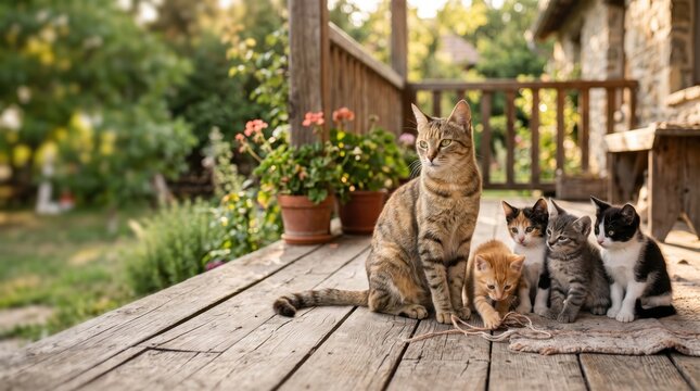 Mother cat sitting proudly with four kittens at her paws on a porch with copy space for family portraits
