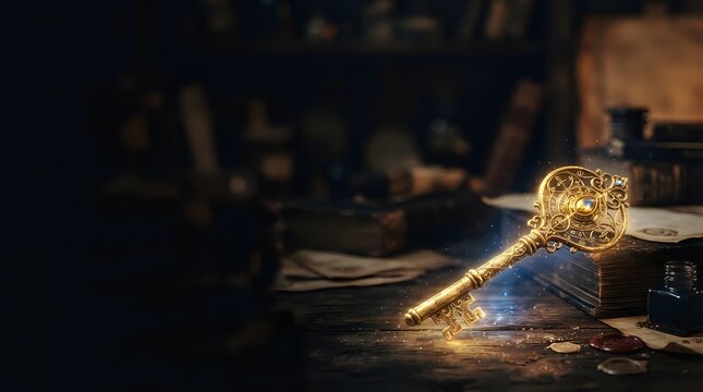 Ornate golden key glowing with magic light on antique wooden desk