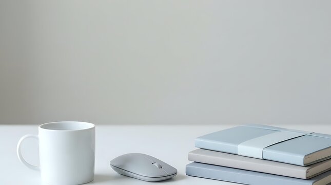 Blank white mug with computer mouse and stacked notebooks on desk