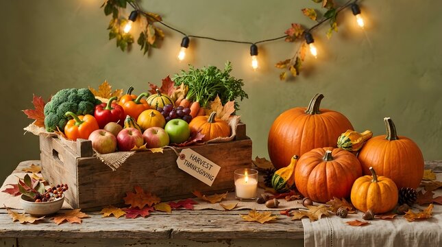 Autumn harvest table display with pumpkins, gourds, and fairy lights for seasonal decor