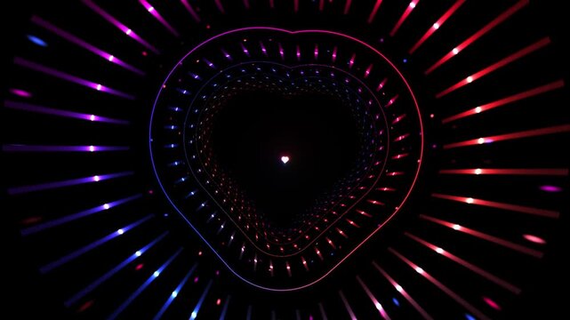 Procedural motion of Abstract neon glowing heart tunnel loop background for romance backgound