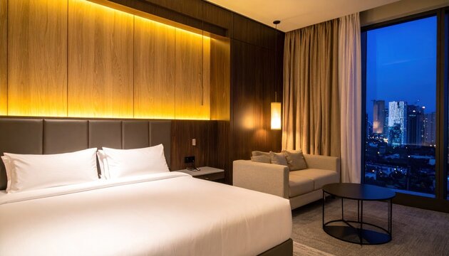 Luxury bedroom at night with glowing wood feature wall.