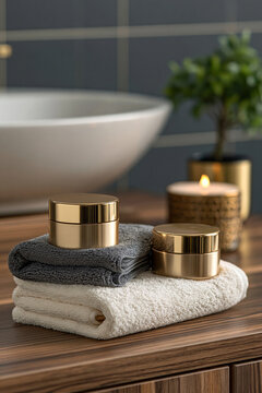 Modern bathroom vanity with luxury blank skincare jars arranged symmetrically, warm neutral palette, premium commercial styling,, presented in stunning high resolution for professional use