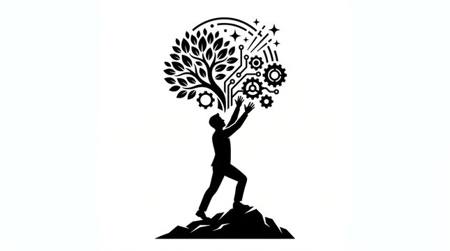 Man reaching towards digital tree with gears vector silhouette isolated on white background, technology growth and AI innovation concept