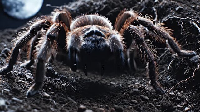 A large tarantula emerges from its dark burrow in the soil at night, with the moon visible in the background.
