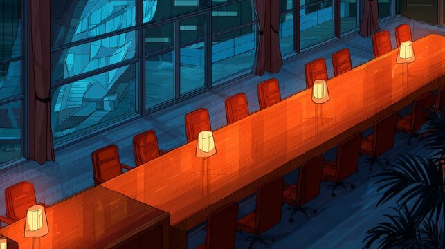 Long wooden table gleams warmly under lanterns