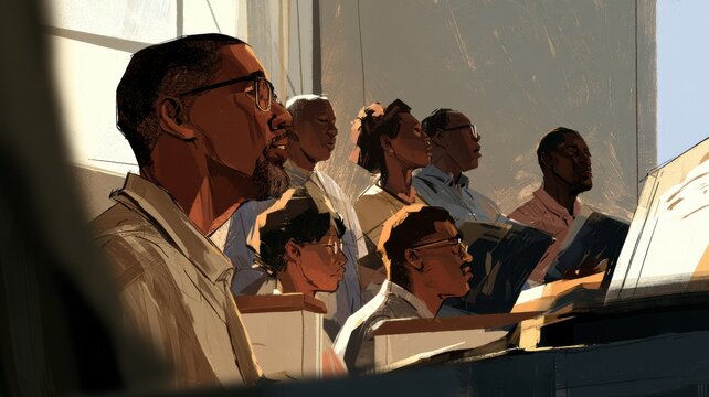 Black Church Choir Practicing in Contemporary Sanctuary, Diverse Group Singing in Warm Window Light
