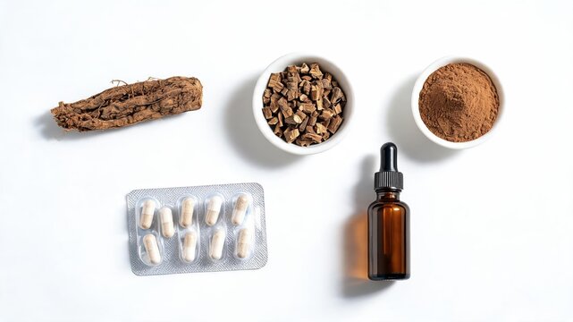 Black cohosh herbal supplement ingredients arranged on white